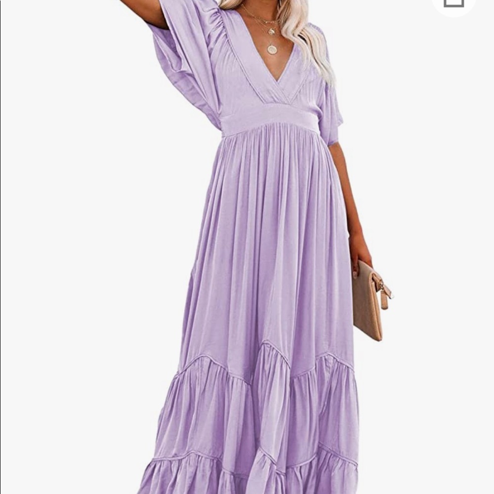 Women's Sexy V Neck Boho Beach Maxi Dress Ruffle Short Sleeve Flowy Plain